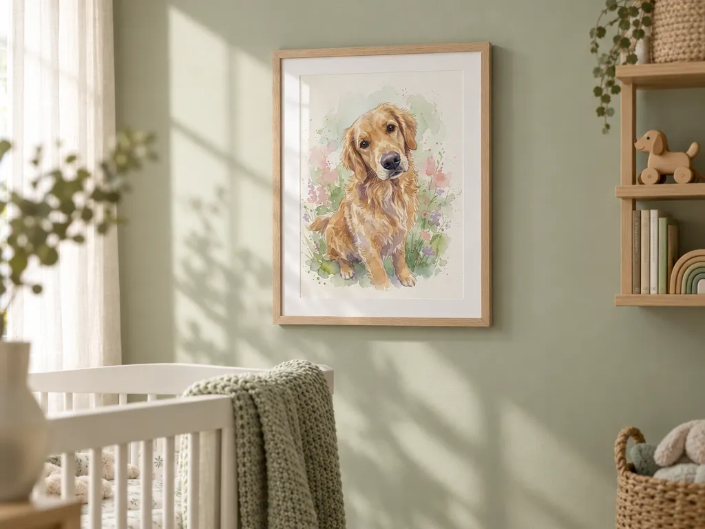 Watercolor golden retriever portrait in a light oak frame in a sage-green nursery