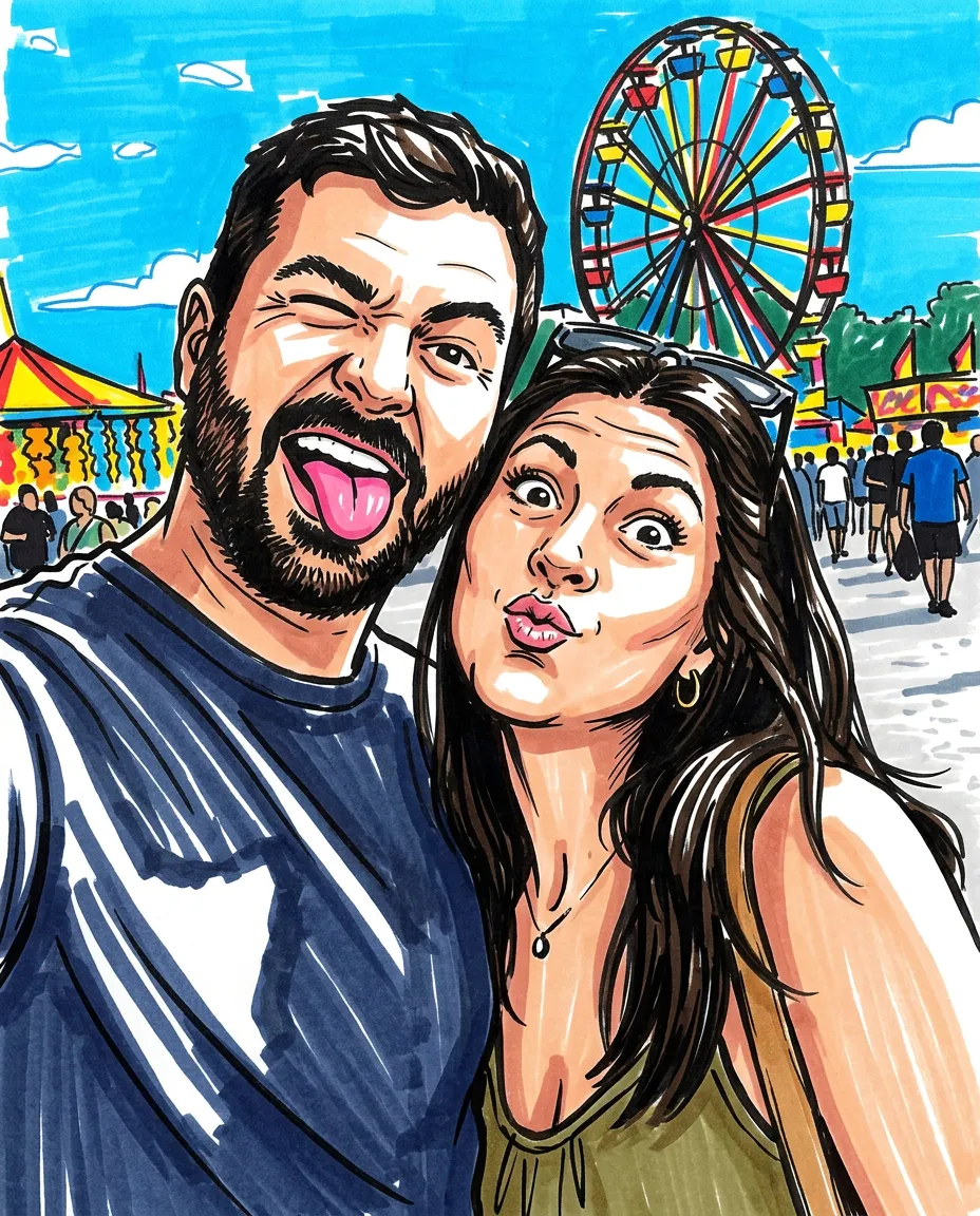 Couple selfie as a bold marker drawing