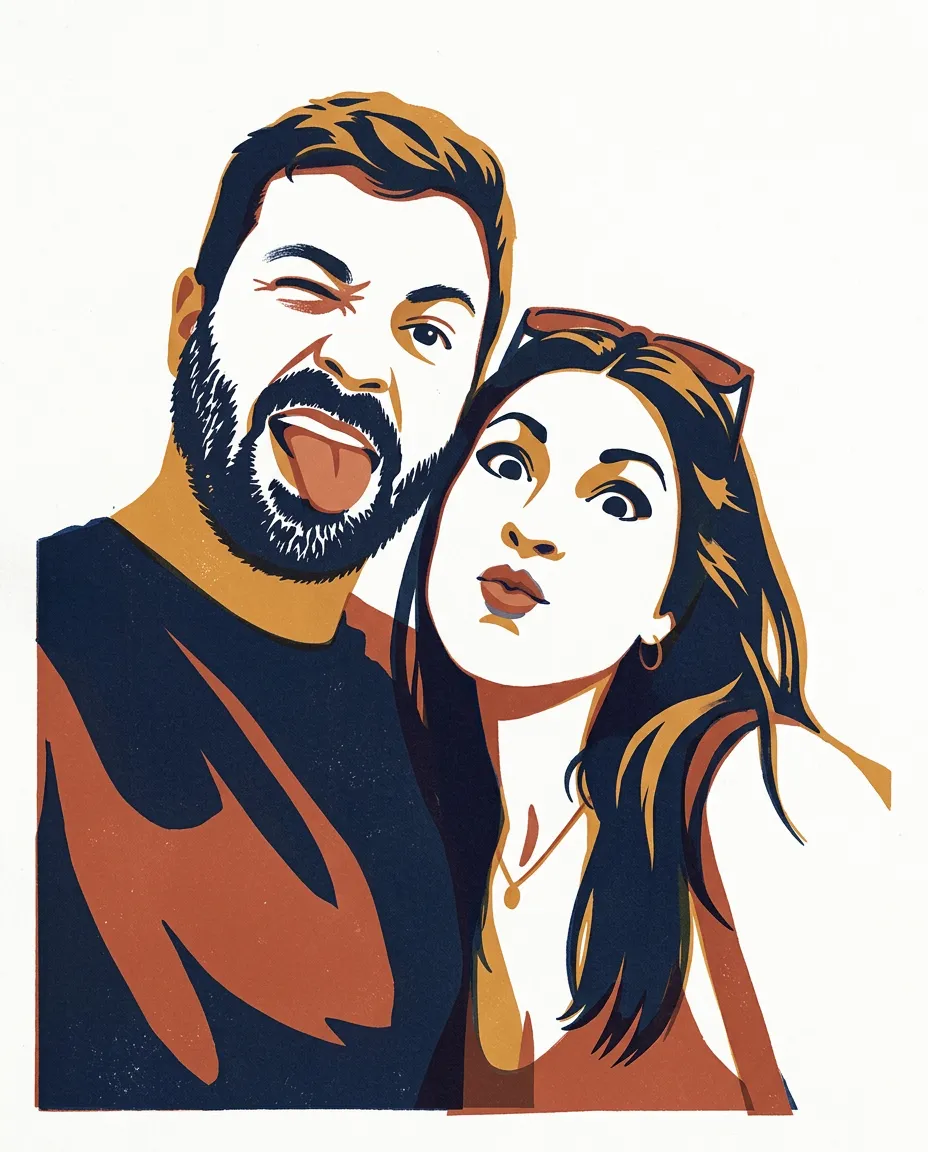 Couple making funny faces as a screenprint portrait
