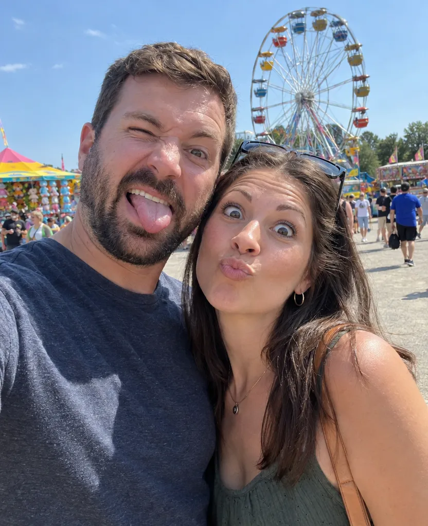 Original phone selfie of a couple making funny faces at a fair