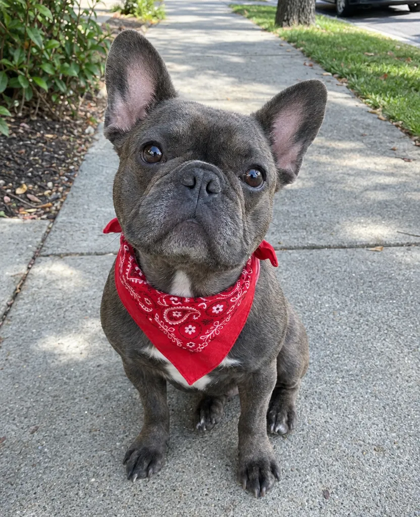 Original phone photo of a French bulldog in a red bandana on a sidewalk