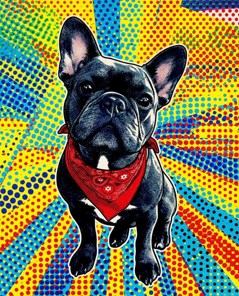 French bulldog in a bandana as a comic pop art portrait