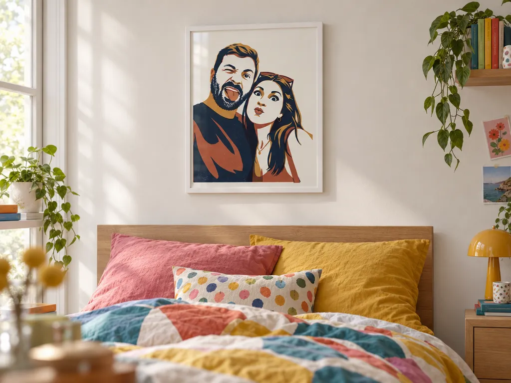 Screenprint portrait of a couple in a white frame above a colorful bed