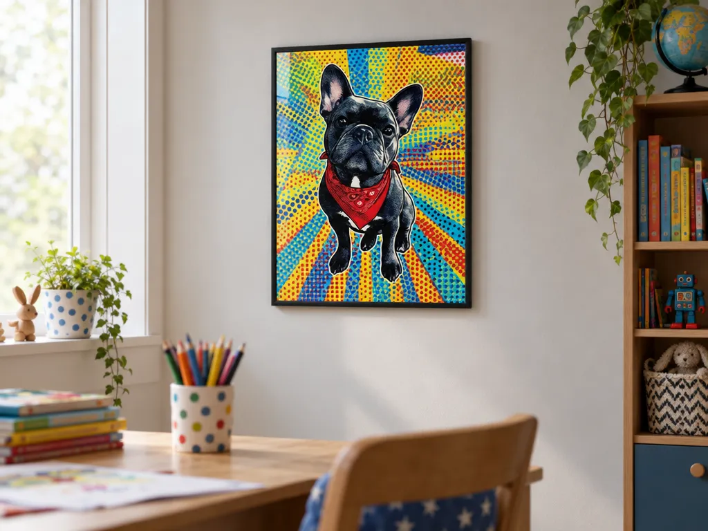 Comic pop art portrait of a French bulldog in a black frame above a kids’ desk
