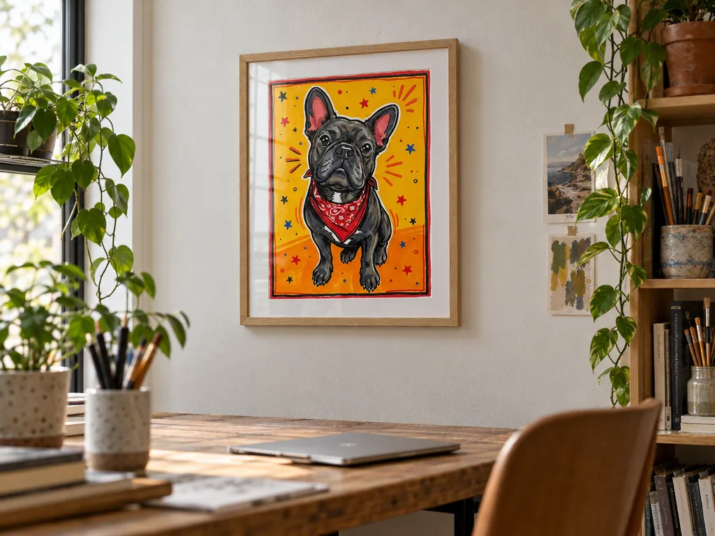 Bold marker drawing of a French bulldog in an oak frame in a home studio