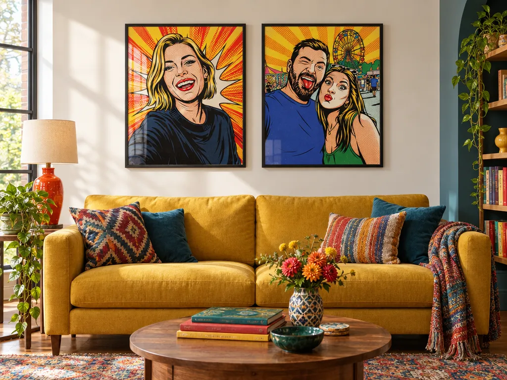 Two comic pop art portraits in black frames above a mustard-yellow sofa