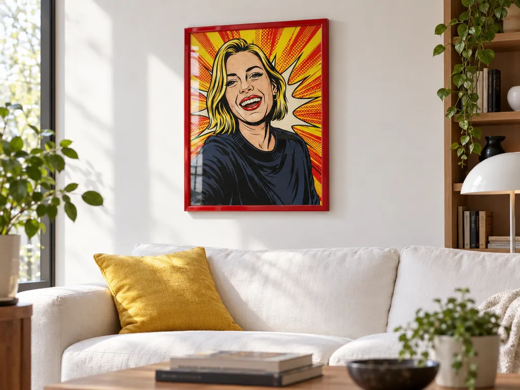 Comic pop art portrait of a woman in a red frame above a white sofa