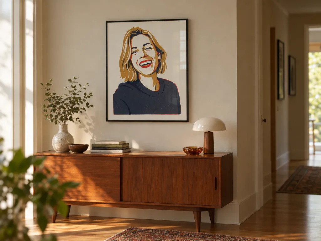 Screenprint portrait of a woman in a black metal frame above a mid-century sideboard