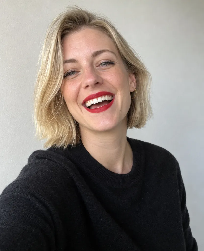 Phone photo of a laughing woman with a blonde bob and red lipstick against a plain wall