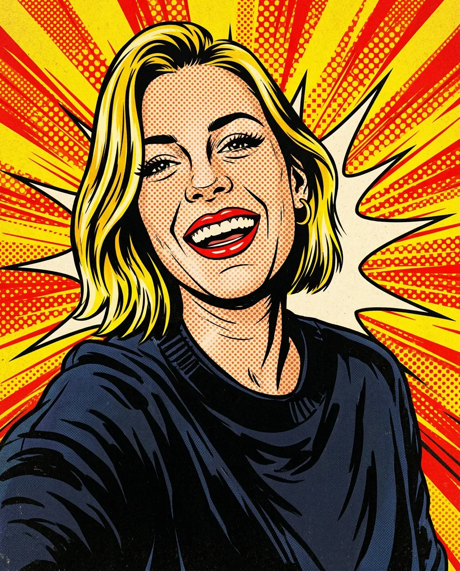 Woman with a blonde bob as a comic pop art portrait