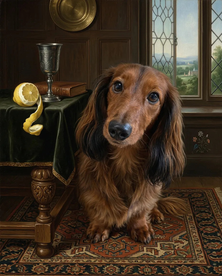 Long-haired dachshund as a Dutch Master portrait