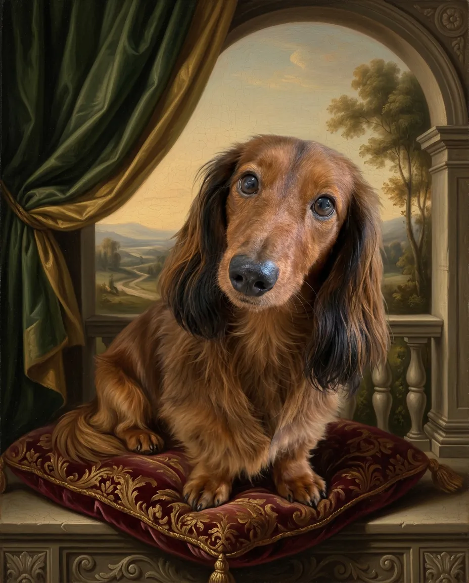 Long-haired dachshund as a Renaissance portrait