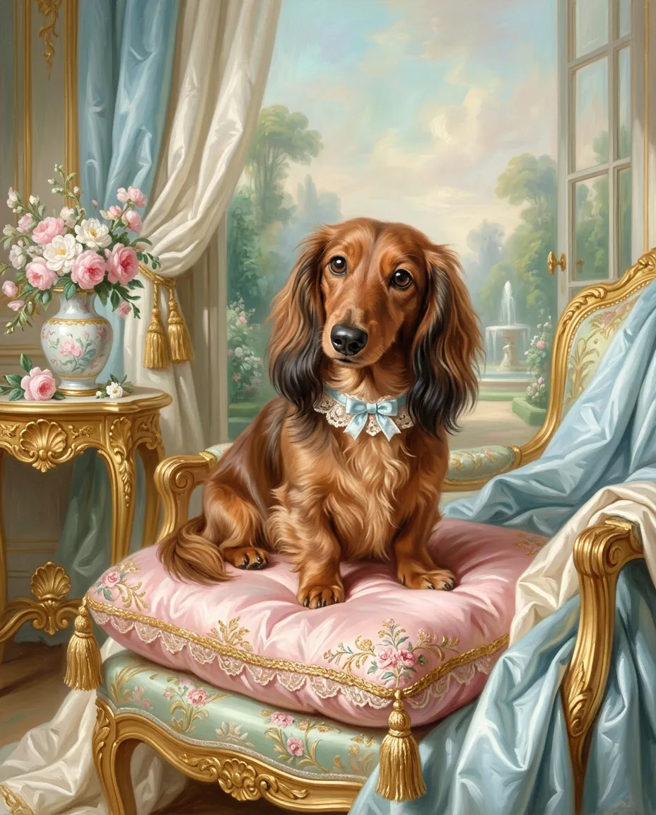 Long-haired dachshund as a Rococo portrait