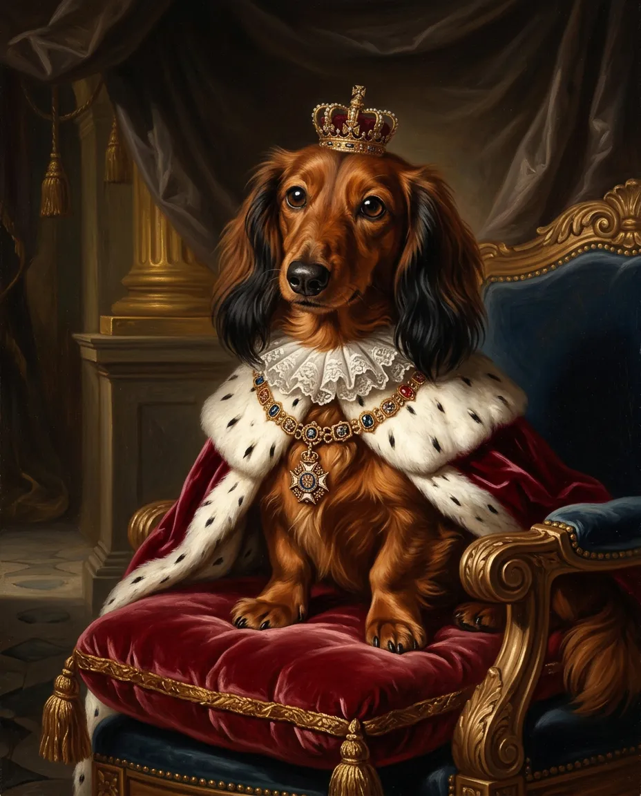 The same dachshund painted as a king with a crown and an ermine cape