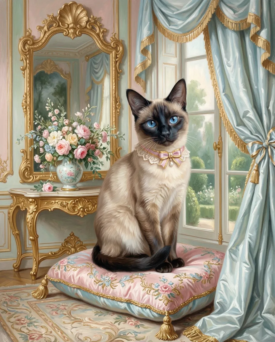 Siamese cat as a Rococo portrait