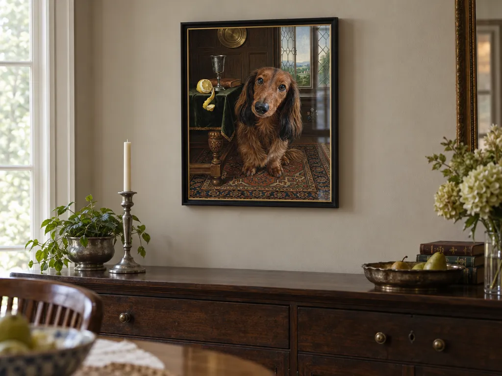 Dutch Master dachshund portrait in a black and gold frame above a dark sideboard
