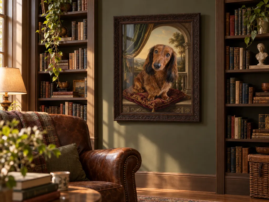 Renaissance dachshund portrait in a dark wooden frame in a home library
