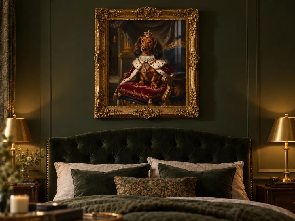 Royal dachshund portrait in a baroque gold frame above a velvet headboard in a green bedroom