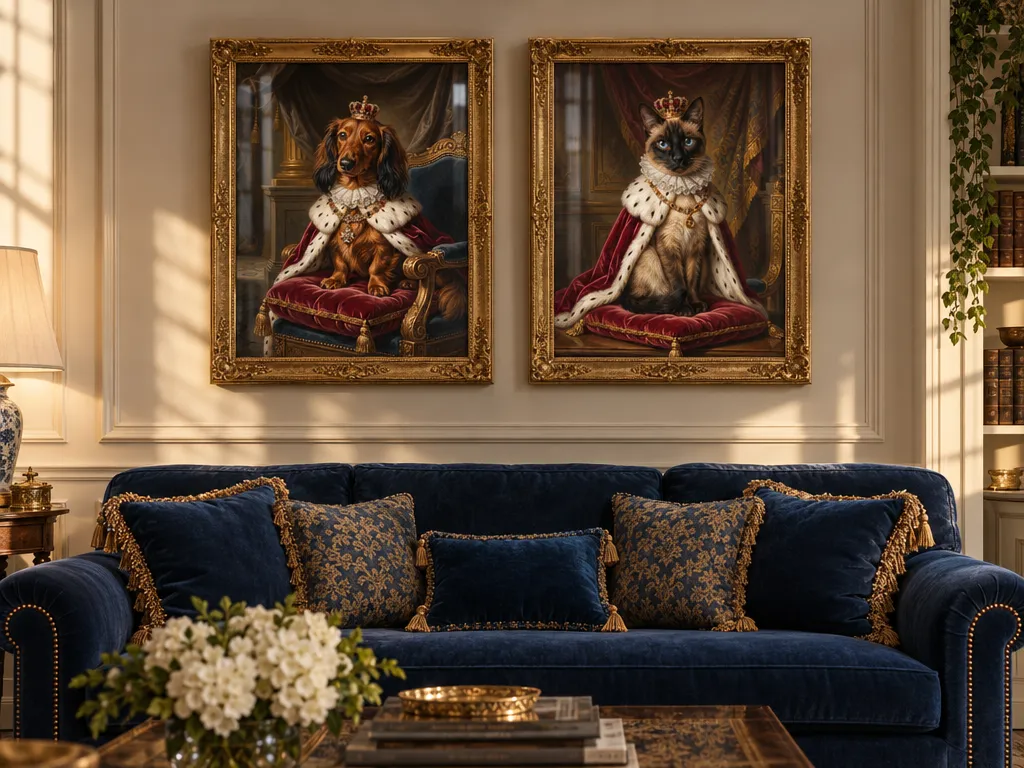 Royal dachshund and royal Siamese cat portraits in gold frames above a blue velvet sofa