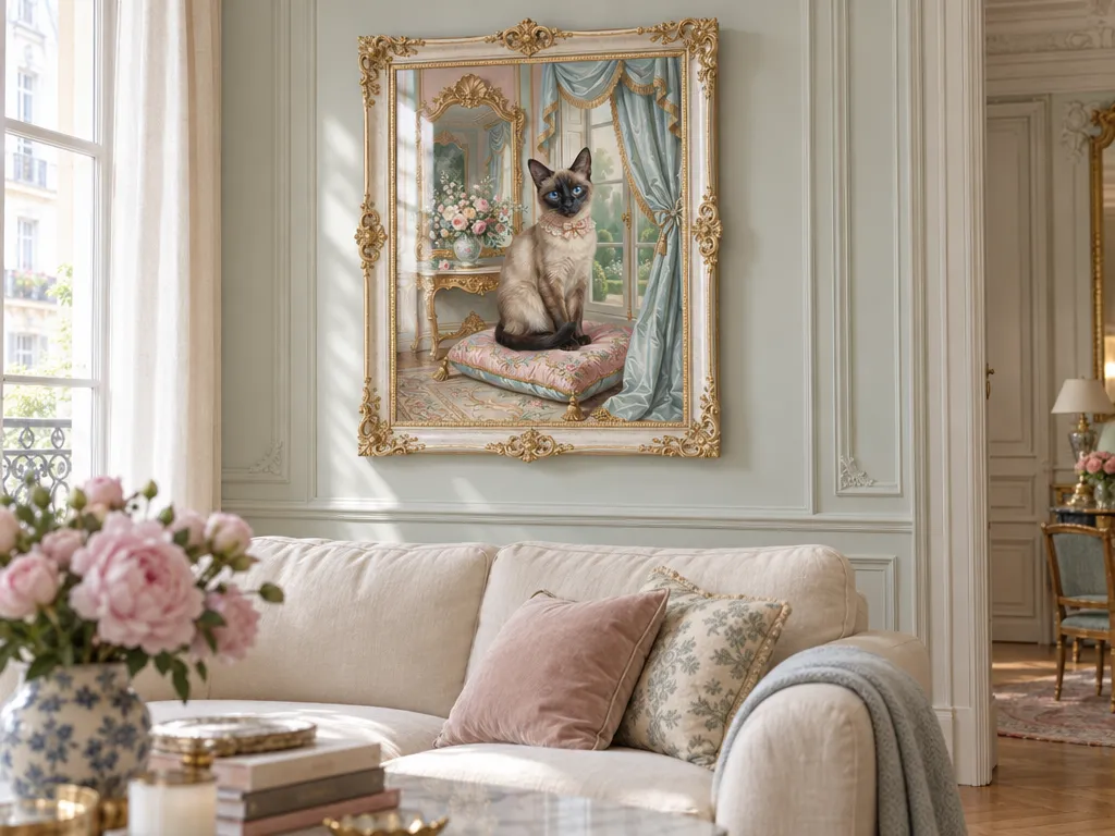 Rococo Siamese cat portrait in a white and gold frame in a pastel Parisian salon