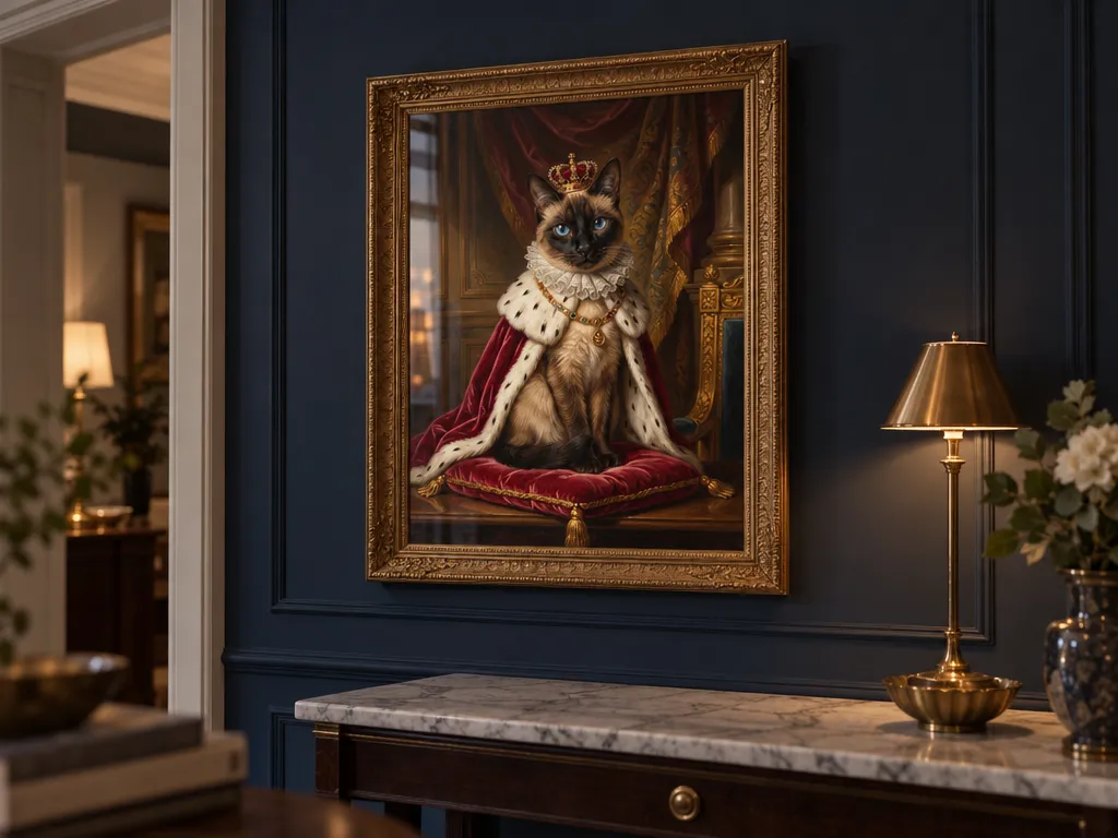Royal Siamese cat portrait in a gilded frame in a hallway with navy wainscoting