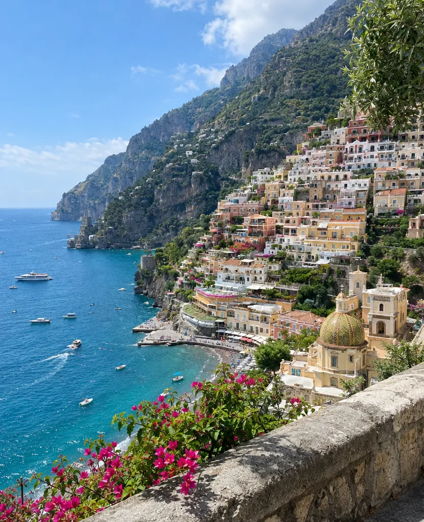Phone photo of Positano from a roadside viewpoint on the Amalfi Coast
