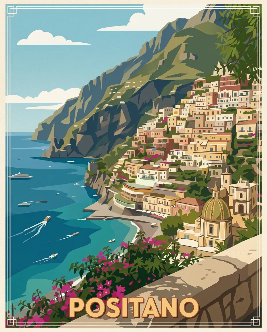 Positano on the Amalfi Coast as a vintage travel poster