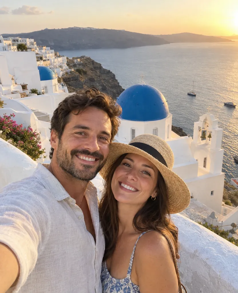 Original phone photo of a couple on a terrace in Santorini