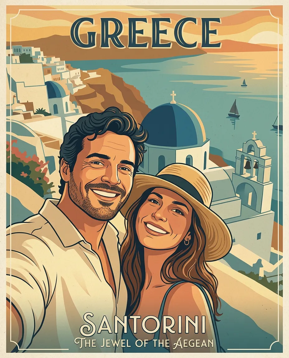 Couple in Santorini as a vintage travel poster titled Greece