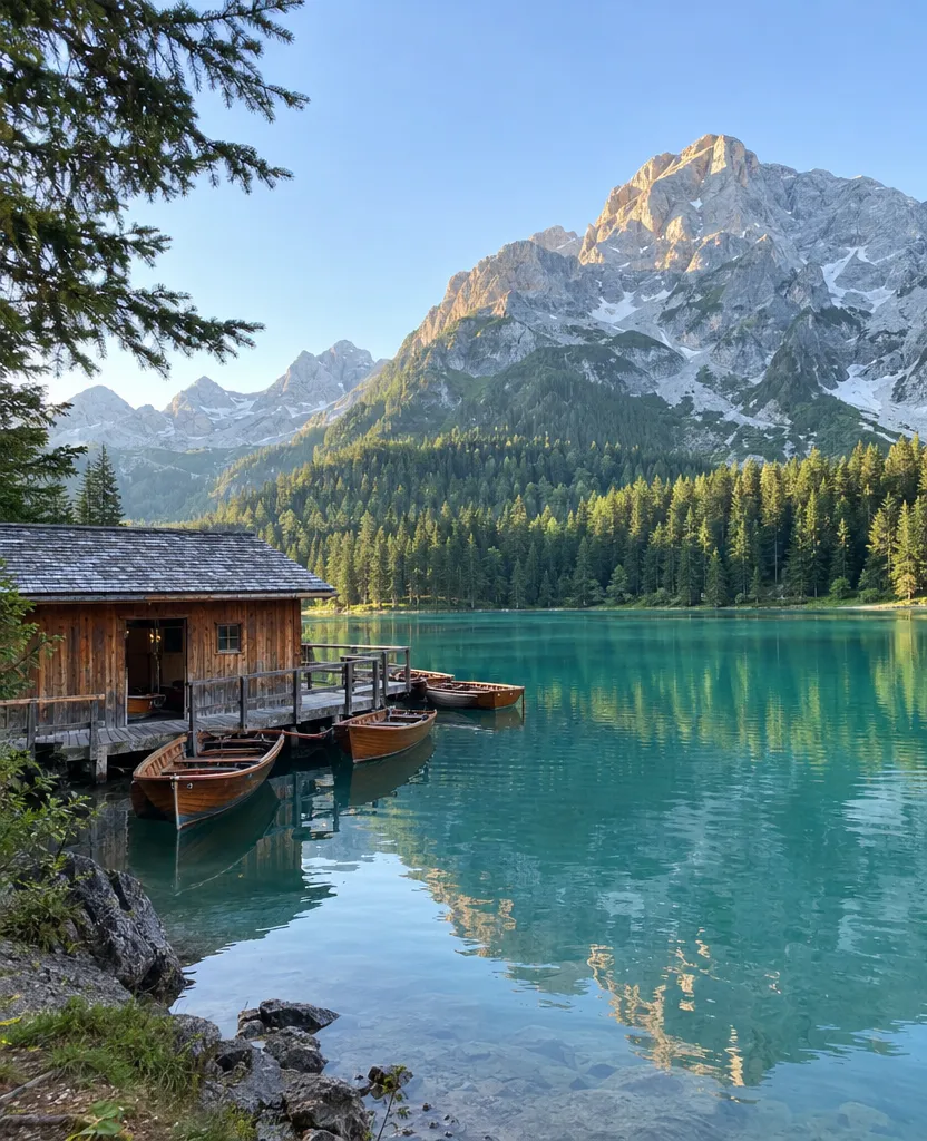Original phone photo of an alpine lake with a wooden boathouse