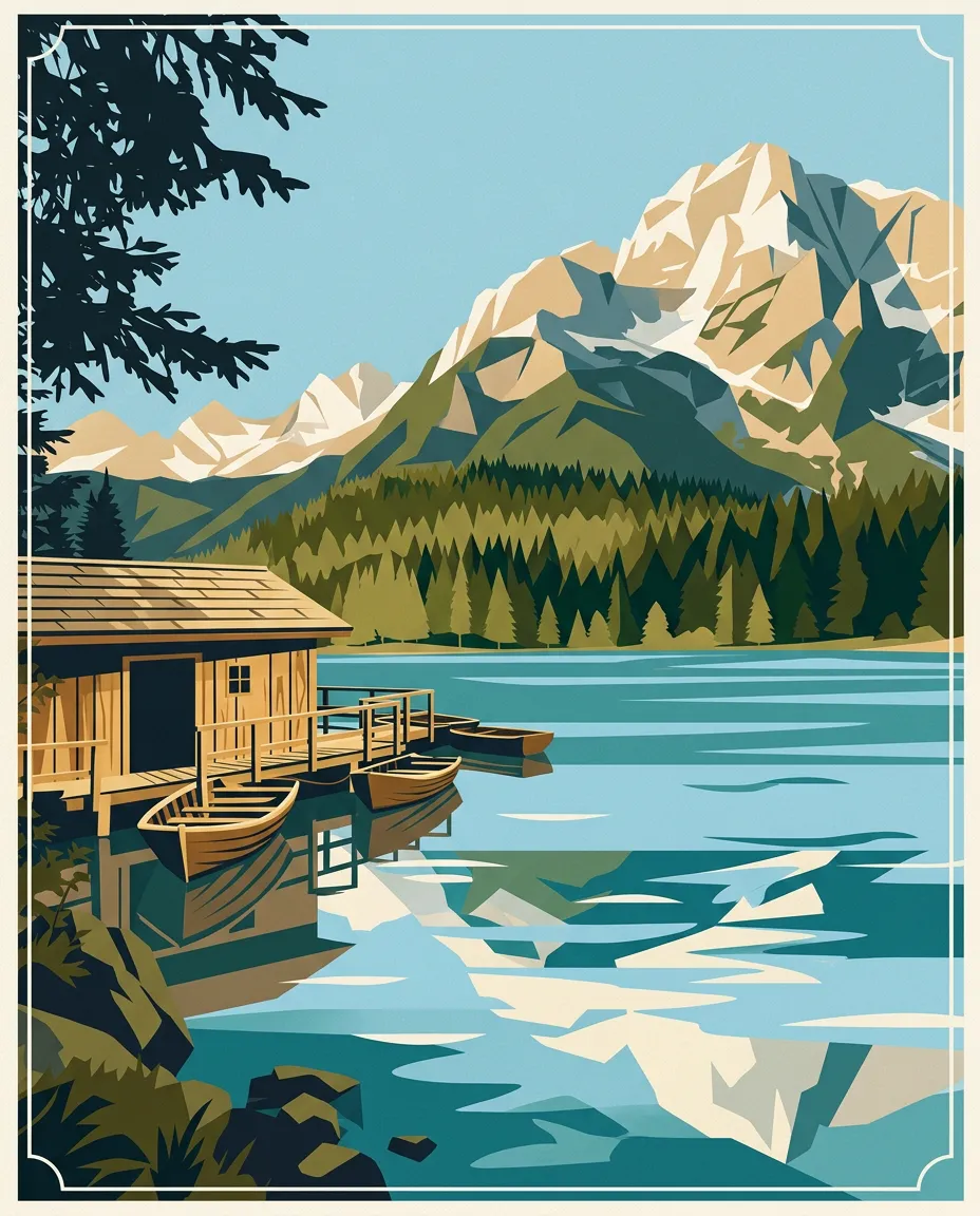 Alpine lake with a boathouse as a vintage travel poster