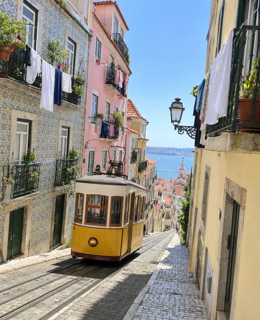 Original phone photo of a Lisbon street with a yellow tram