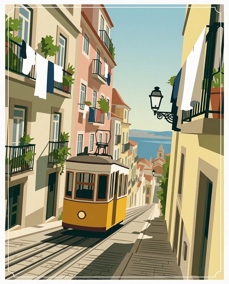 Lisbon street with a yellow tram as a vintage travel poster