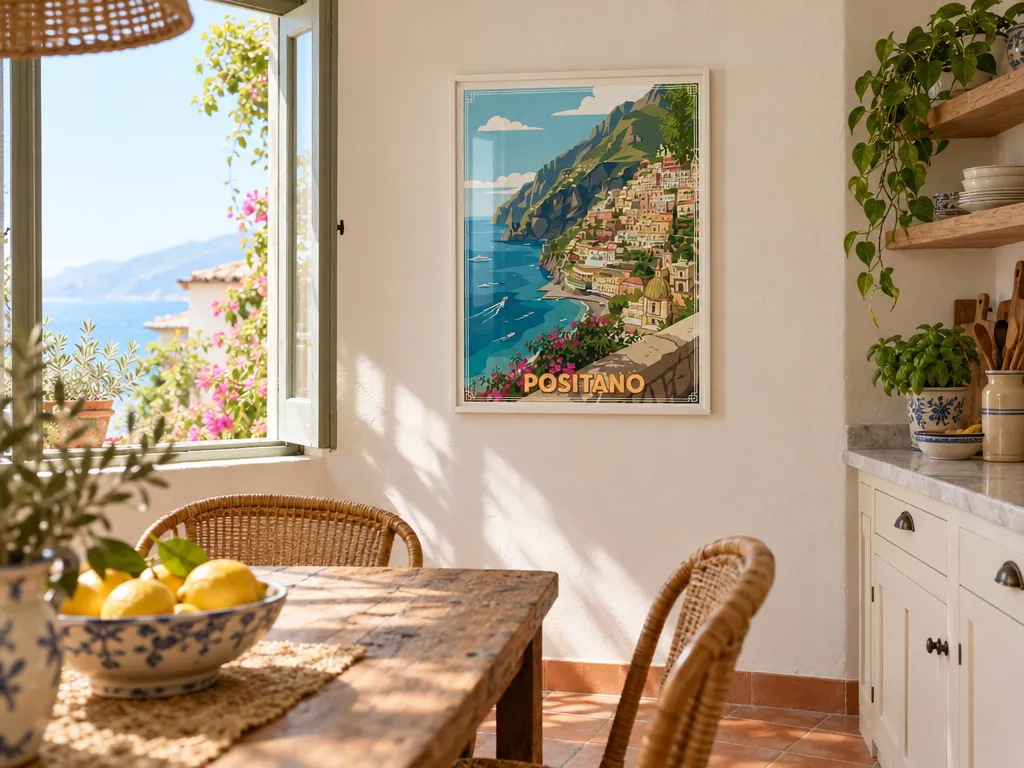 Positano travel poster in a thin white frame in a Mediterranean kitchen with a bowl of lemons