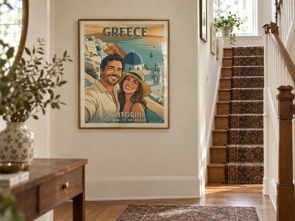 Santorini couple travel poster in a brass frame in a hallway by the stairs