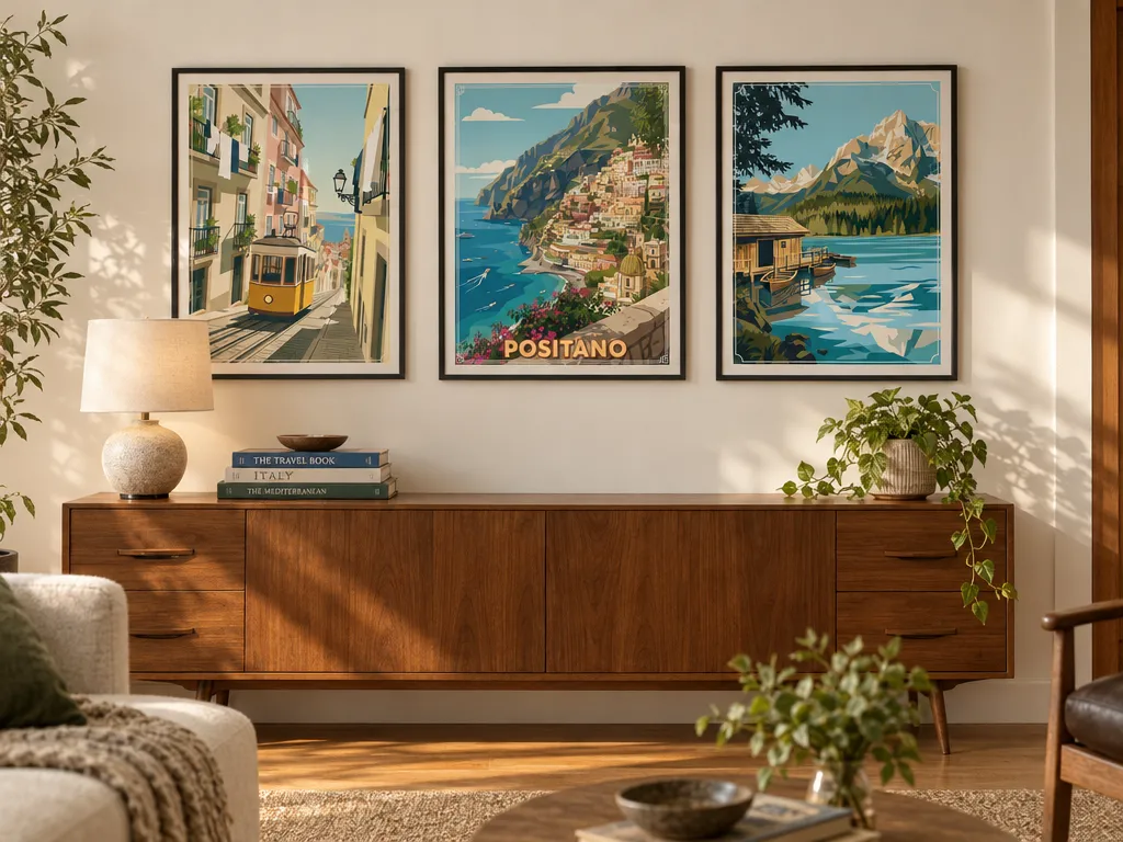 Gallery wall of three vintage travel posters in matching black frames above a walnut sideboard