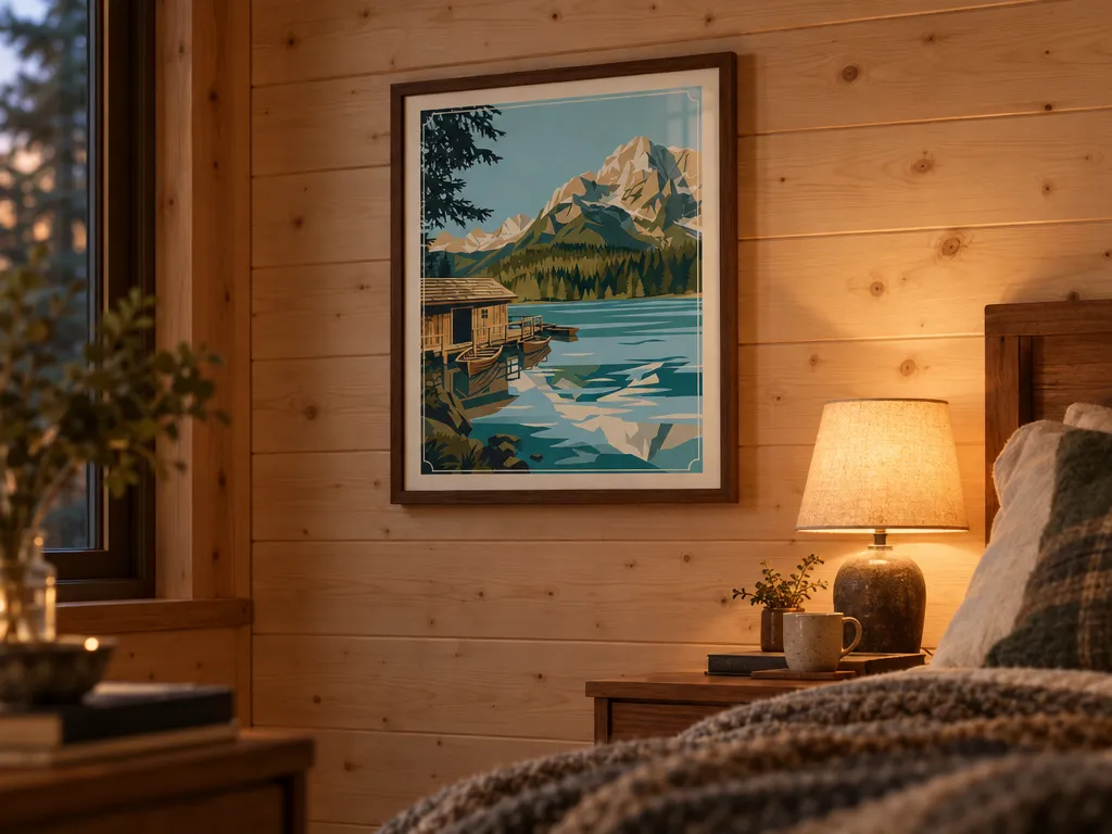 Alpine lake travel poster in a walnut frame in a pine-panelled cabin bedroom