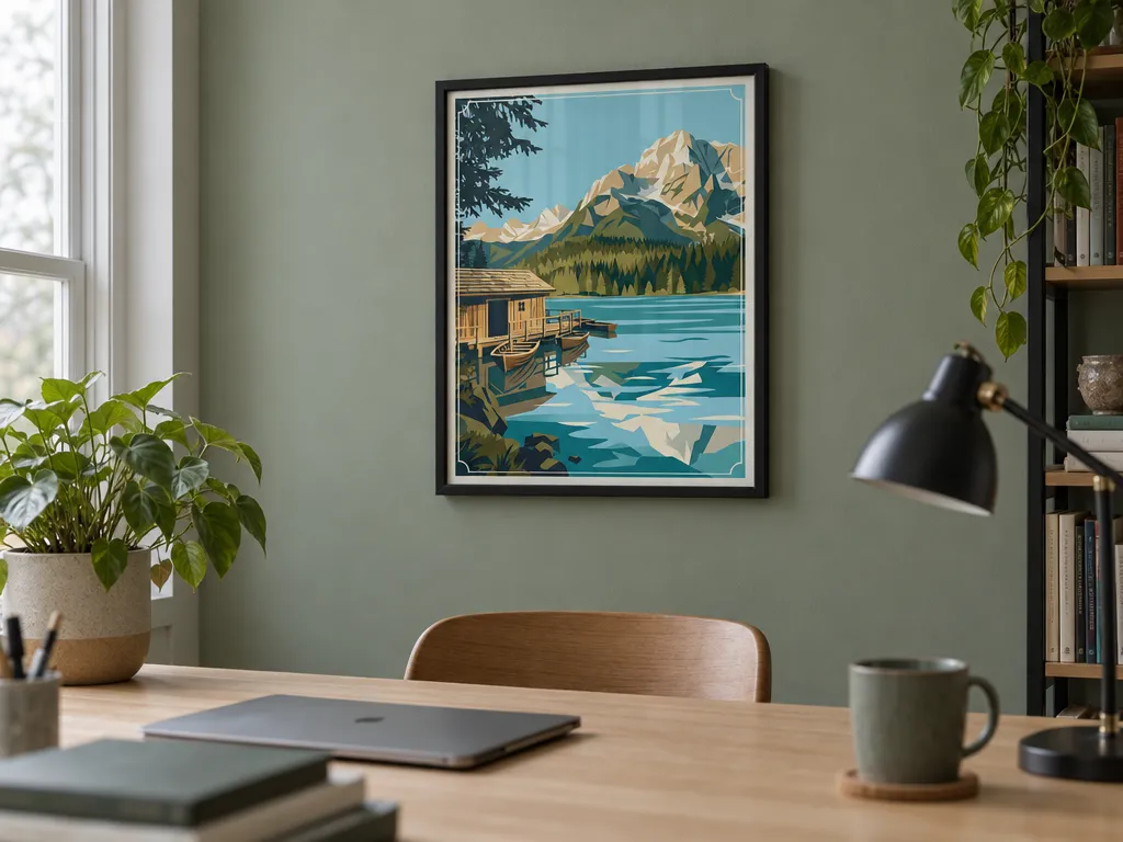 Alpine lake travel poster in a black frame on a sage-green home-office wall