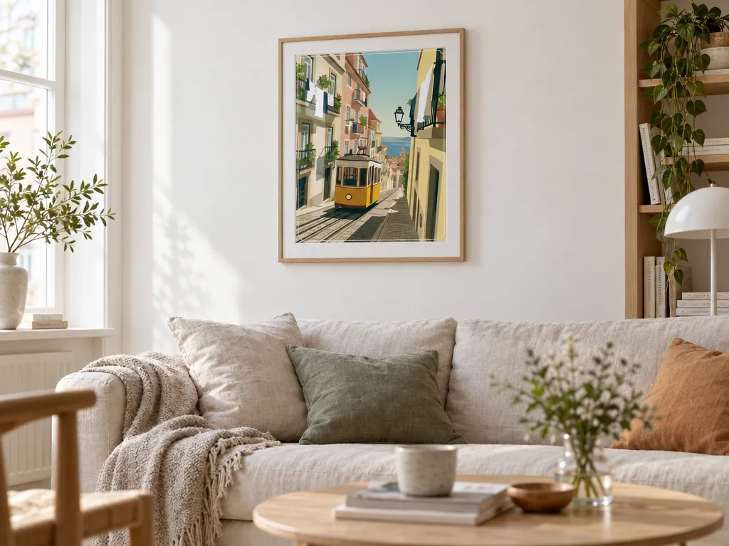 Lisbon tram travel poster in a slim oak frame above a linen sofa in a bright living room