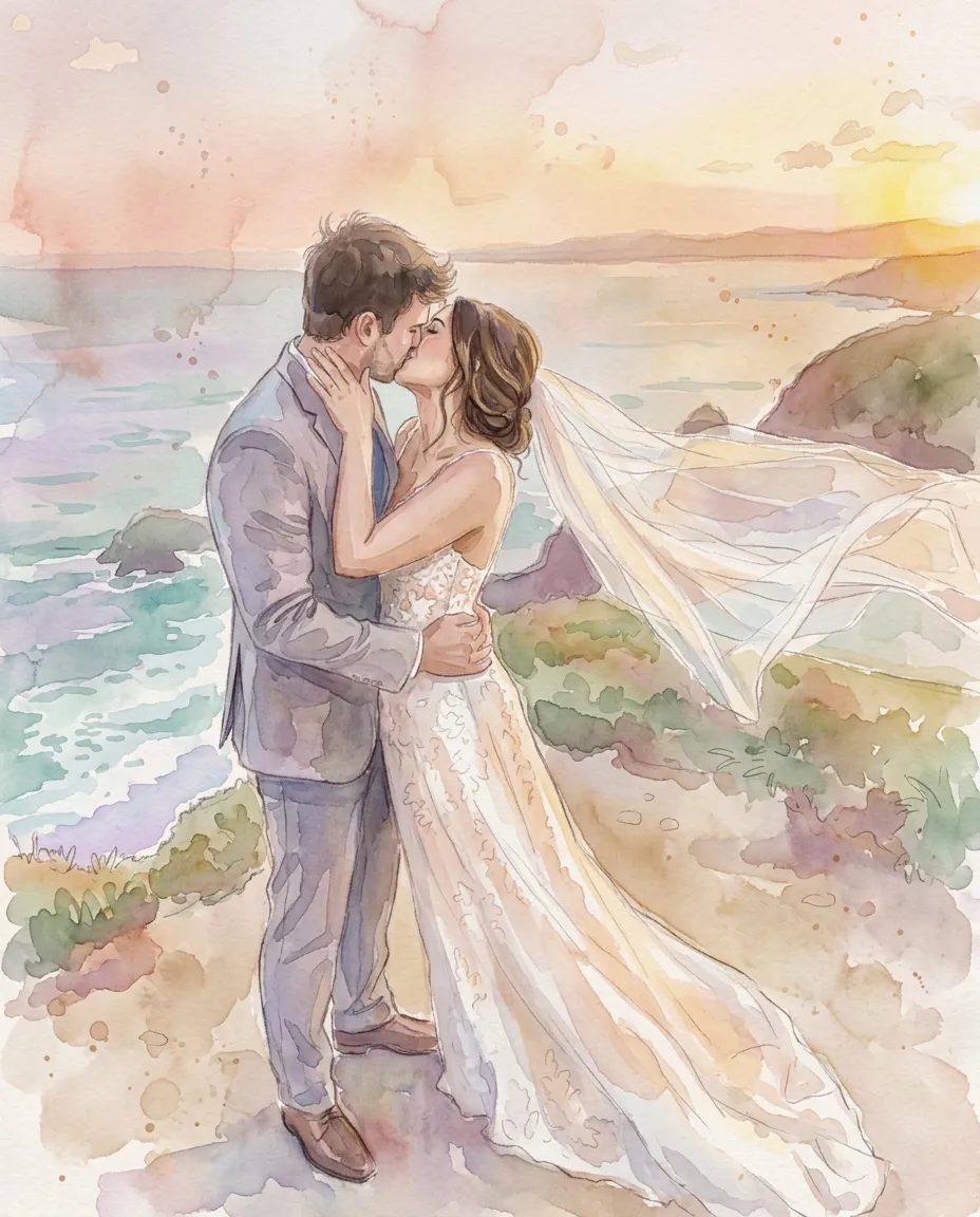 Newlyweds kissing on a cliff as a watercolor