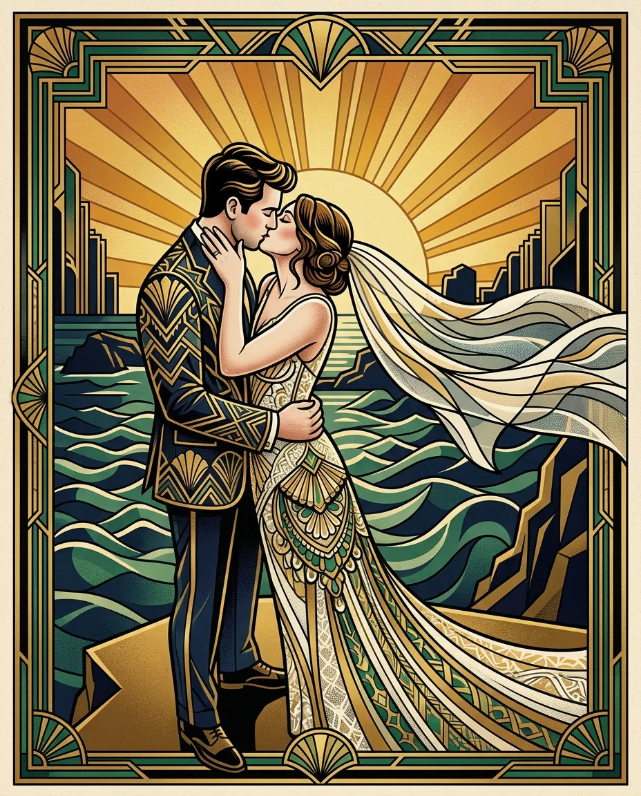 Newlyweds kissing on a cliff as an Art Deco poster