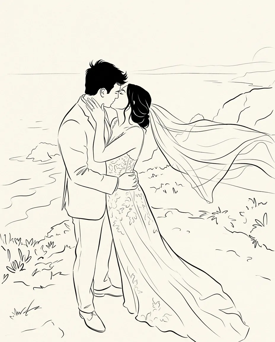 Newlyweds kissing on a cliff as minimalist line art