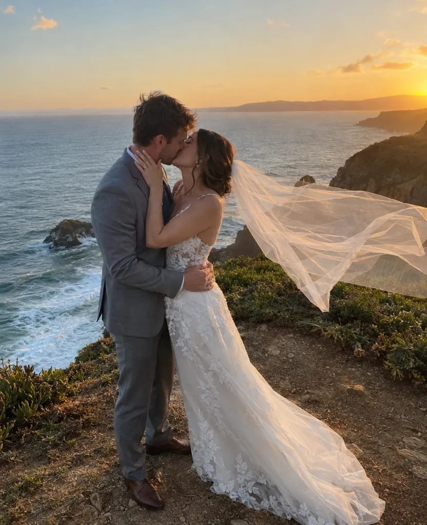 Phone photo of a newlywed couple kissing on a cliff above the ocean, her veil in the wind