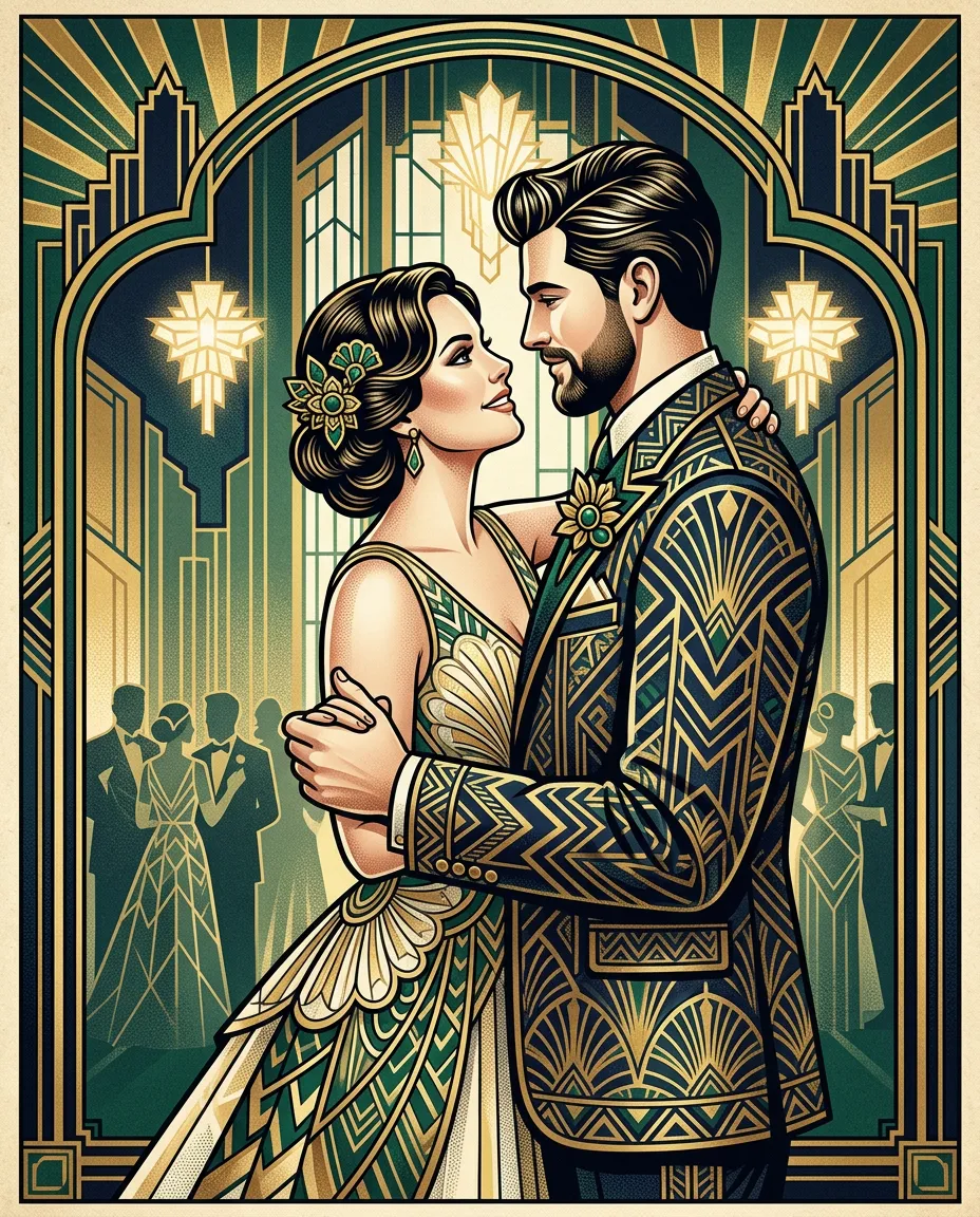 Bride and groom’s first dance as an Art Deco poster