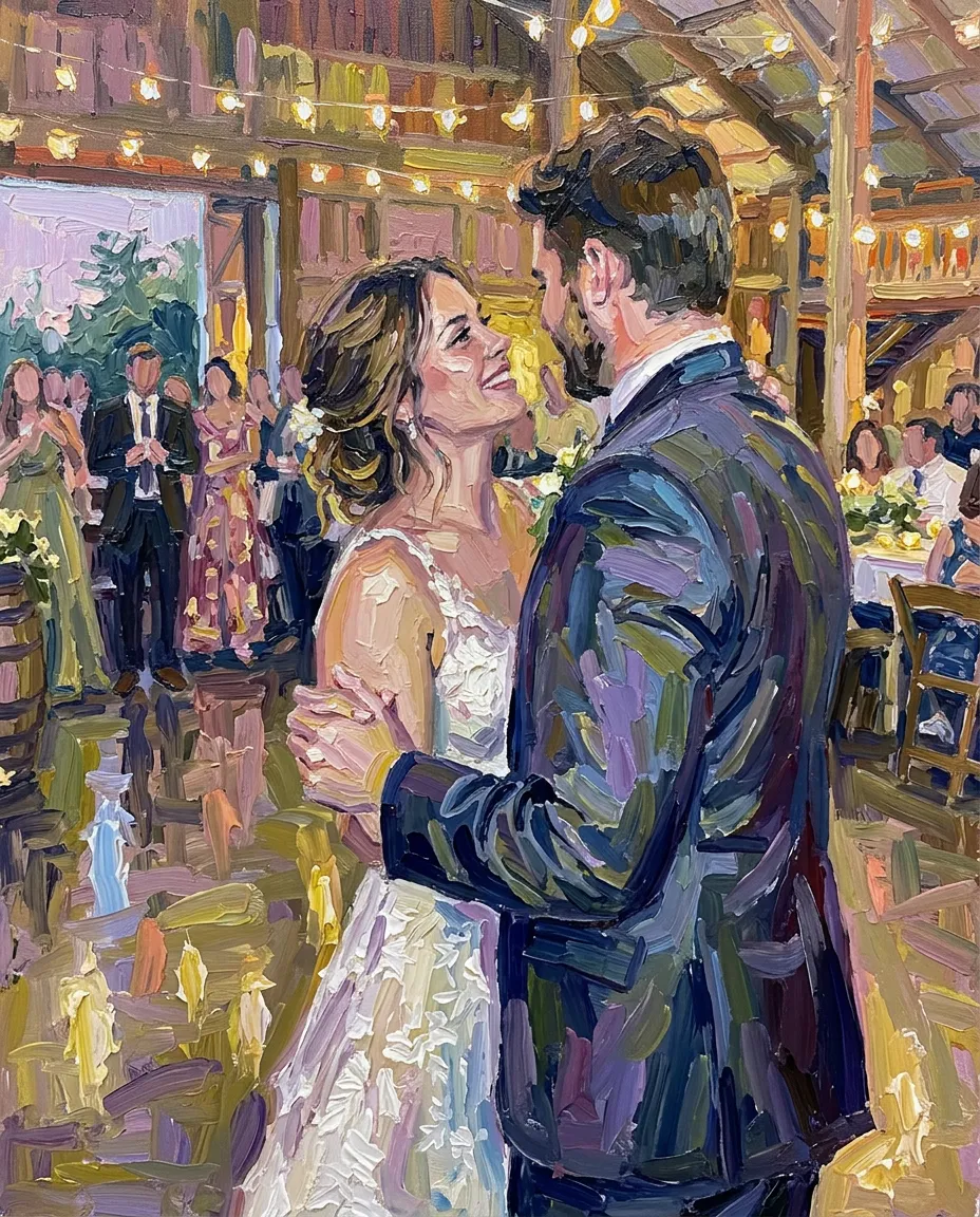 Bride and groom’s first dance as an oil painting