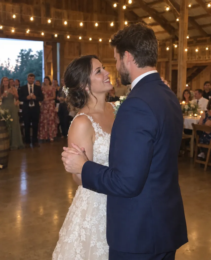 Original phone photo of a bride and groom’s first dance in a barn with string lights