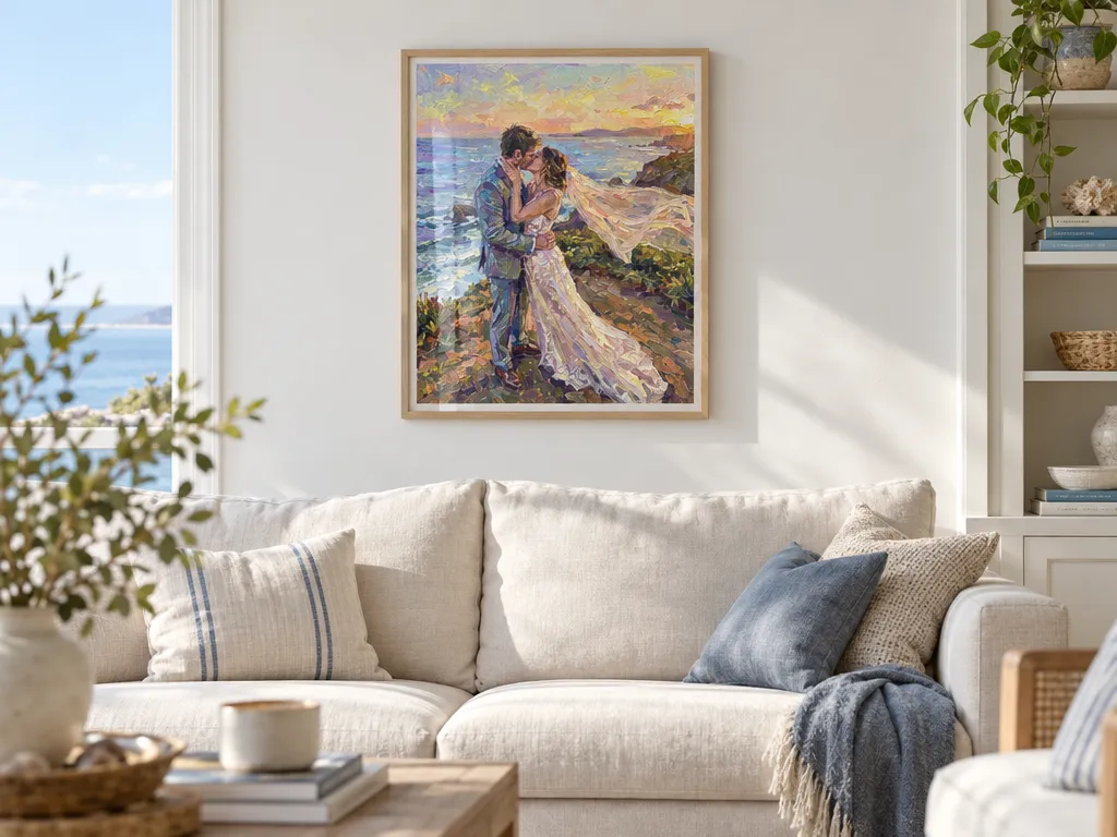 Oil painting of a cliff-top wedding kiss in an oak frame above a linen sofa