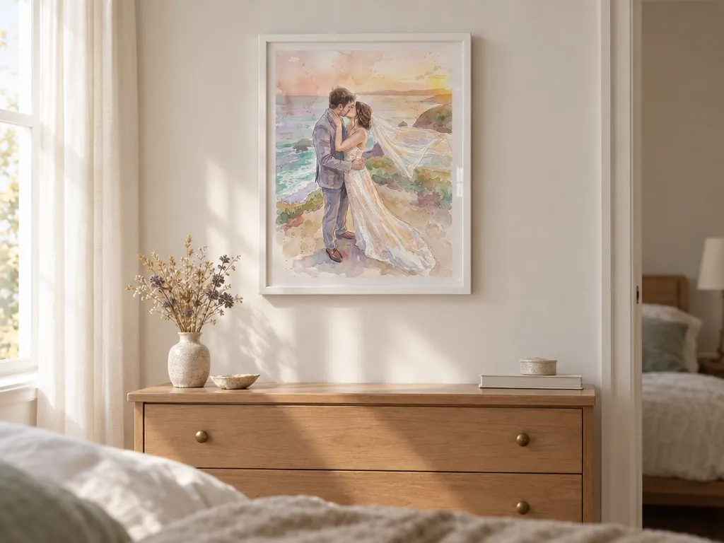 Watercolor of a cliff-top wedding kiss in a white frame above a bedroom dresser