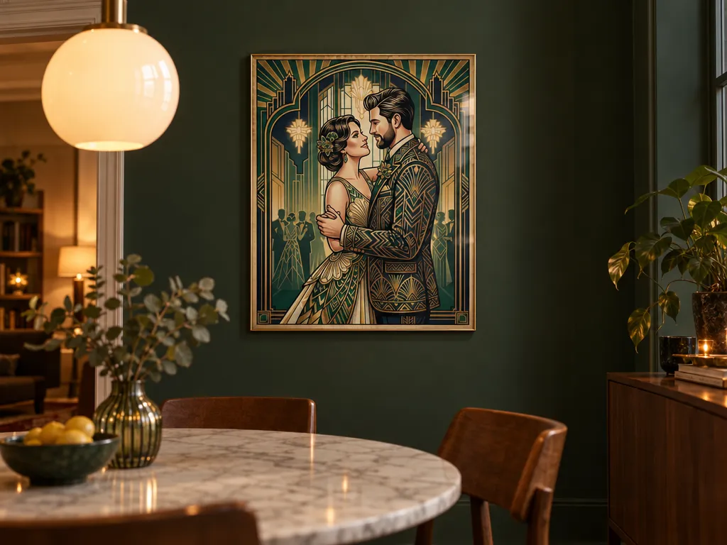Art Deco poster of a first dance in a brass frame in a dark green dining room