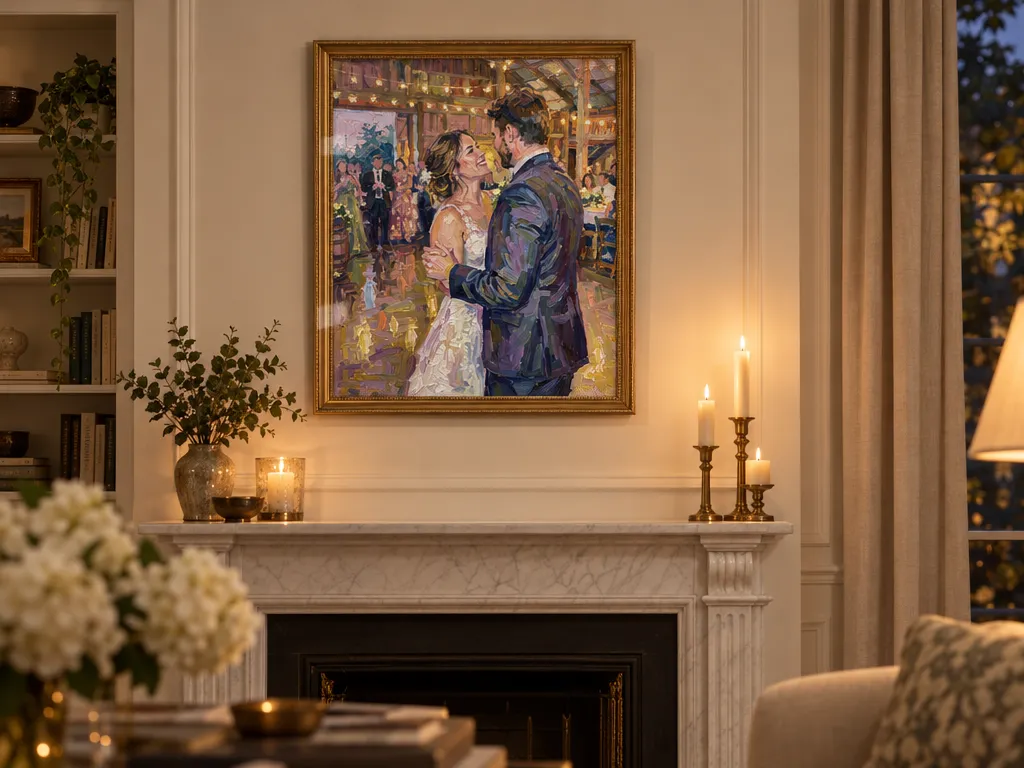 Oil painting of a first dance in a gold frame above a marble fireplace